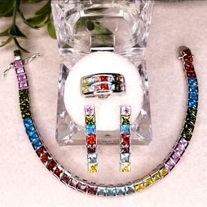 Channel Set Princess Cut CZ tennis bracelet, Ring and Earrings 925 SS